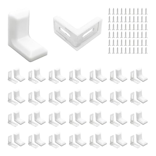 30PCS 90 Degree L Shape Metal Corner Brackets White Plastic Cover Right Angle Brace for Shelf Cabinet Chair Furniture, 1.1x1.1x0.7 with Screws - size: White