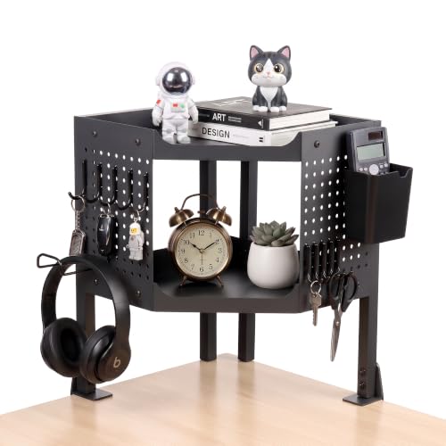 2-Tier Metal Clamp On Desk Shelf, Desk Organizer with 2 Pegboards and Hooks | Heavy Duty Corner Desk Shelf with Removable Pegboards Headphone Holder Pencil Cup and Hooks for Desk organizers Accessories