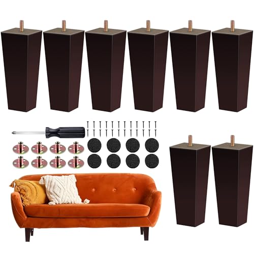 Ruisita Set of 8 Wood Furniture Legs 6 Inch Square Solid Wood Couch Legs Natural Wooden Replacement Legs for Sofa Furniture Armchair, Cabinet, Chair, Footstool, Mid Century Modern Dresser, Brown
