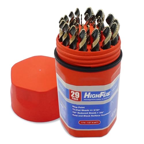 HIGHFIRE 29 Pieces HSS Stepped Point Drill Bit Set 1/16"-1/2", Gold and Black 3-Flat Shank for Metal, Steel & Acrylic - No Pilot Hole Needed - Industrial, MRO & DIY Use - size: 1/16-1/2 in Stepped Point (29 pcs)