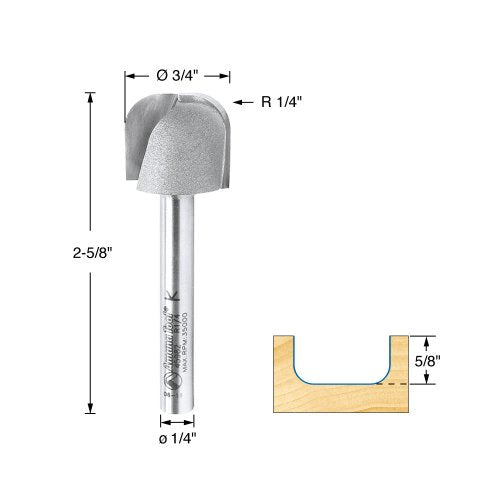 Amana Tool Bowl and Tray Plunge Router Bit, Carbide-Tipped, for Woodworking and CNC Routing, 45982, 1/4 Radius x 3/4 Dia x 5/8 x 1/4 Inch Shank - size: 1/4 Radius x 3/4 Dia x 5/8 x 1/4
