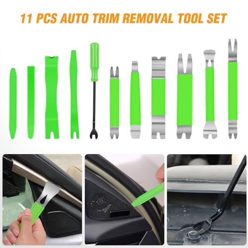 GOOACC 11 PCS Trim Removal Tool Kit, Metal Pry Tool Auto Fastener Remover Pry Bar Set Car Door Panel Removal Tool Dashboard Repair Kit Green - color: Green, size: 11Pcs