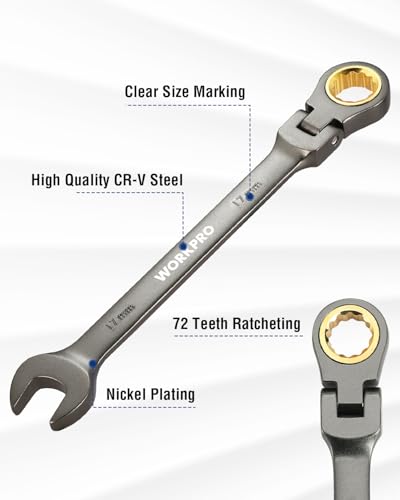 WORKPRO 17 mm Flex-Head Ratcheting Combination Wrench, Nickel Plating - size: 17 mm, style: Nickel Plating
