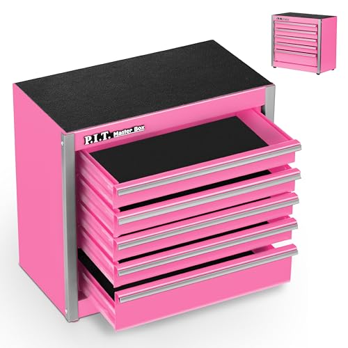 P.I.T. Mini Tool Box,Small Metal Toolbox Organizer with 5 Drawers,Pink | 8.6"W X 4.6"D Cute Size,Q235 Steel,Magnetic Locking Mechanism,PVC Drawer Liners - color: Pink, size: 5-Drawer