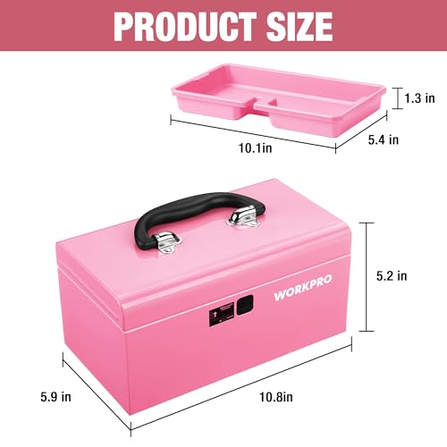 WORKPRO 10.8" Mini Metal Tool Box with Removable Tray - color: Pink