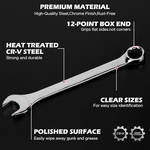 15-Piece SAE Combination Wrench Set, 1/4''–1'' 12-Point Open End and Box End Wrench Kit with Organizer, Chrome Vanadium Steel Tools for Mechanics, Garages and Workshops - style: 15-Piece Combination (SAE)
