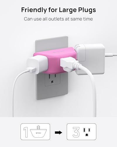 TROND Pink Outlet Extender with 3-Prong Grounded Sockets, for Tight Spaces - color: Pink, size: 3AC-3 Prong Plug, 1 Pack