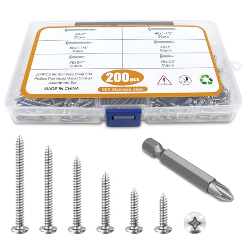 200PCS #6 Wood Screws Assortment Kit, 304 Stainless Steel Screws, Drive Sheet Metal Self Tapping Screws with Screwdriver Bit, 6 Sizes (2”,1-1/2”,1-1/4”,1”,3/4”,1/2”) - style: Silver #6 Pan Head Set 200PCS