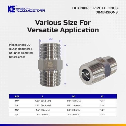 Cosmostar 2 PCS 1/2" Male Hex Nipple Pipe Fittings, 304 Stainless Steel NPT Threaded Pipe Connector, Durable Pipe Adapter for Plumbing & Industrial Use - size: 1/2" NPT-2pcs