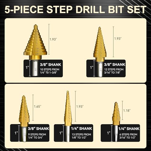 Step Drill Bit Set for Metal- 5PCS Ti Step Bit with Two Straight Flutes - color: 5Pcs Straight Set