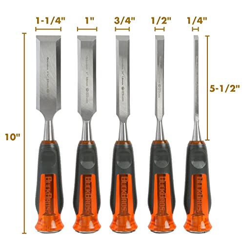 Buck Bros. 74850 5-Pc Wood Chisel Set, Full Tang Wood Chisel Sets, Woodworking Tools for Carpentry, Trim, and DIY Projects, Beveled Edge Chisels, Hardened Steel Blades, Non-Slip Handles, Storage Case - size: 5-Piece Set