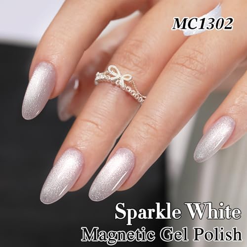 Double Rhythm Jelly Glass Cat Eye Gel Polish with Magnet 15ML Holographic Glitter Shimmer Translucent Sheer Color Magnetic Nail Polish Salon DIY at Home (Milky White Silver-MC1302) - color: Bright Silver