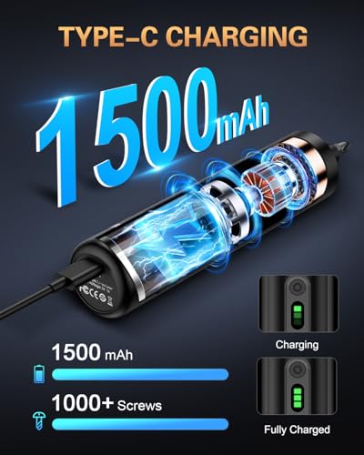 Bomivoi Electric Screwdriver, Rechargeable Cordless Power Screwdriver, 3 Torque Settings, Max 5 N.m, 1/4'' 6 Double-Ended Bits, 1500mAh Battery, LED Lights, Repair Tool for DIY Furniture Electronics