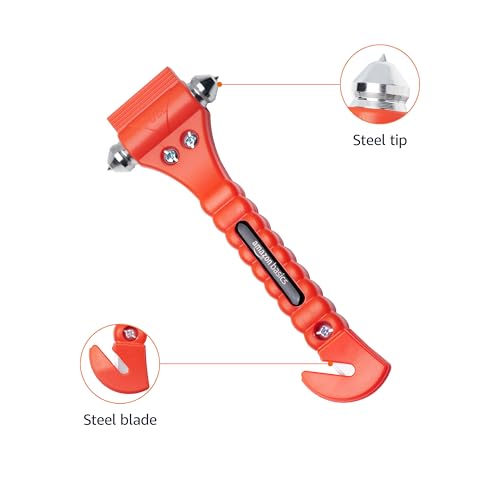 Amazon Basics Emergency Escape Tool, Window Breaker and Seatbelt Cutter, Car Safety Hammer with Protective Bracket, Bright Orange, 2 Pack, SW-835
