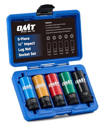 OMT 1/2" Drive Lug Nut Socket Set, Metric And SAE Wheel Socket Set, 5pc - size: 17 19 21 mm & 13/16 7/8 inch, style: Standard