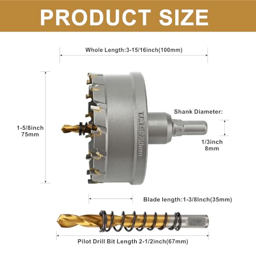 2-15/16'' TCT Hole Saw Kit Tungsten Carbide Tipped Hole Saw Drill Bit with Titanium-Plated Pilot Drill bit for Metal, Stainless Steel, Iron (75MM) - size: 75MM | 2-15/16''