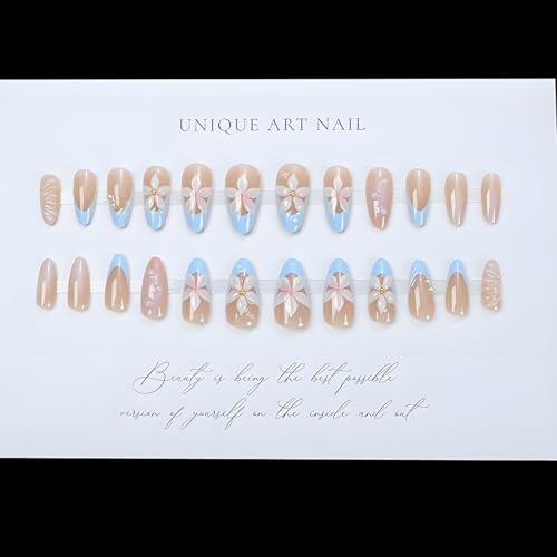 LPOODDNU Almond Flower Pearl Press on Nails - Medium 3D Fake Nails with French Tip Designs, Glossy Finished Reusable False Nails with Double Adhesive Glue Tabs - 24Pcs Nail Kit for Women Manicure - color: blue french tip flower