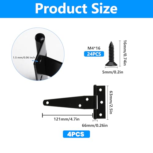 T Strap Hinges Heavy Duty, Shed Door Gate Hinges(Black) (4, 4 Pcs *4 inch) - size: 4 Pcs *4 inch