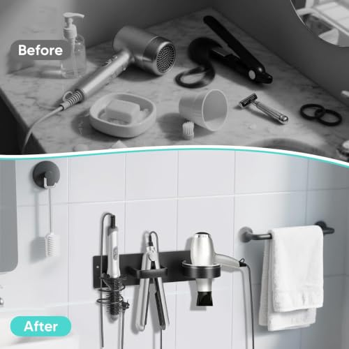 3-in-1 Aluminum Hair Dryer Holder, Matte Black Styling Tools Rack | No Drill Heat Resistant Wall Hair Tool Stand for Blow Dryer, Flat Iron & Curling Iron, Bathroom Rental Homes, No Wall Damage - size: B