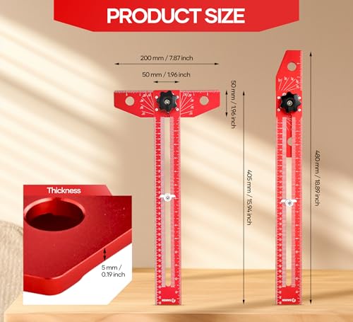 Saker Woodworking Scriber Marking Line Ruler,Aluminum Alloy T-Square - color: Red