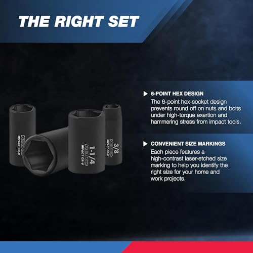 Neiko 02476A 1/2" Impact Socket Set, 14 Piece 6 Point Impact Set, Standard Impact Socket Set, SAE Sizes (3/8-Inch to 1-1/4") Cr-V Steel, Deep Socket Set 1/2 Drive,