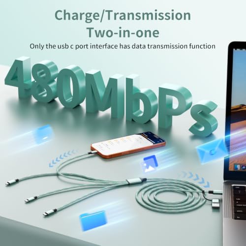 4 in 2 Multi Charging Cable, USBA/C Universal Charging Cords 2 Pack 5FT - color: Mint Green &Sliver