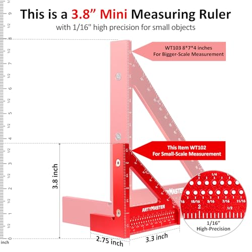 3.8＂Mini 3D Multi-Angle Measuring Square Ruler, WT102A High Precision Hole Scribing Woodworking Tools, 0-90° Aluminum Alloy Carpenter Square Wood Working Tools, Carpenter Pencils 6 Refills. - color: 3.8 inch Square+Pencil, style: Imperial