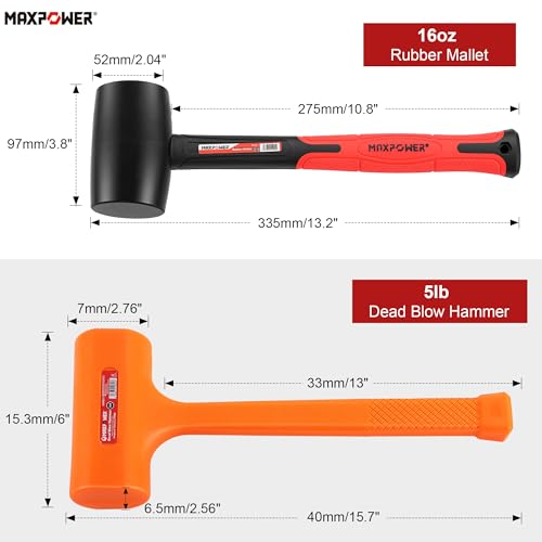 MAXPOWER 2-Piece Rubber Mallet Set – 5 lb Dead Blow Hammer & 16 oz Rubber Mallet, Non-Marring Striking Tools for Automotive, Metal Forming, Woodworking & Assembly - style: 2PCS