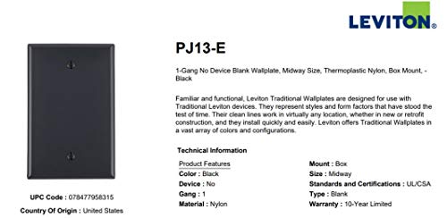 Leviton 1-Gang Blank Wallplate, Midway Size, PJ13-E, Black - color: Black