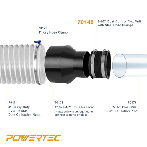 POWERTEC 70148-P6 2-1/2 Inch Dust Control Flex Cuff with Steel Hose Clamps, Hose Connector Rubber Cuff Coupler for Woodworking Dust Collection Fittings, Dust Collector Accessories & Machinery, 6 PK - size: 2-1/2", 6PK