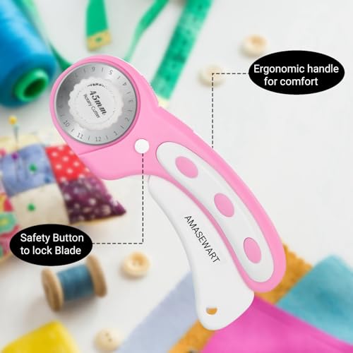 45mm Rotary Cutter and Mat Set, Fabric Cutter Wheel and 12x18 Inch Self Healing Sewing Cutting Mat, Fabric Rotary Cutter with 5pcs Rotary Blades for Quilting Patchworking Crafts, Pink - color: Pink