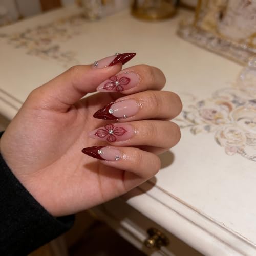 24PCS Red French Tip Press on Nails Almond 3D Flower Fake Nails Medium Diamond Designs Full Cover Glossy Stick on Nails Manicure - color: red french tip flower
