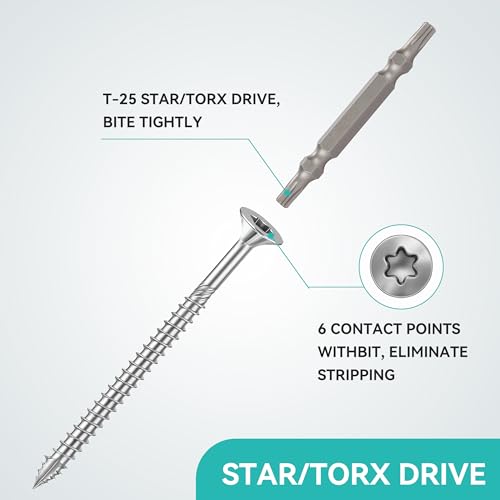 Wood Screws #8 × 2 inch Torx Star Drive Deck Screws Flat Head M4 × 50 Countersunk T25 Self Tapping Thread Cut 100pcs Carbon Steel Galvanized (100PCS/Small Box) - color: Silver, size: #8×2