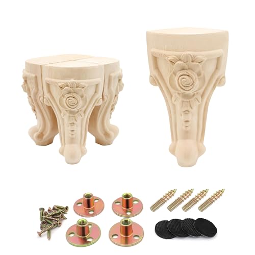 4Pcs 6in Unfinished Solid Wood Furniture Legs Carved European Style - color: D
