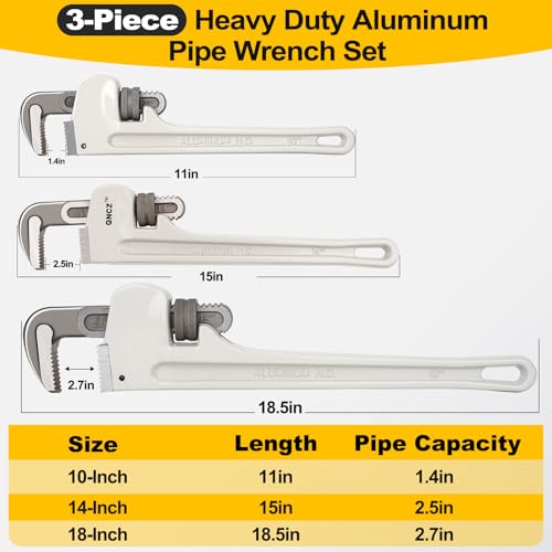 QNCZ 3-Piece Aluminum Pipe Wrench Set, 10" 14" 18" Heavy Duty Adjustable - size: 10-14-18 Inches