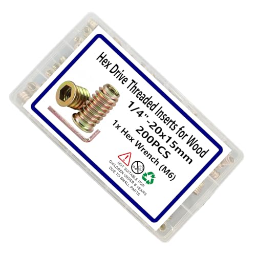 200pcs Threaded Inserts for Wood, 1/4"-20x15mm Screw in Nut with Hex Wrench - size: 1/4"-20 x 15mm