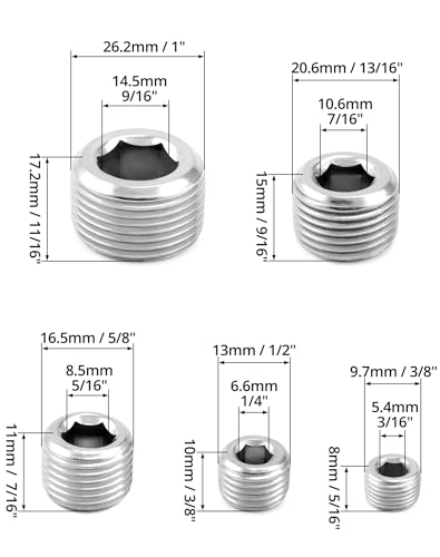 QWORK 304 Stainless Steel Pipe Fitting Kit Hex Countersunk Plug Assortment Set with NPT Male Thread 16 Pcs