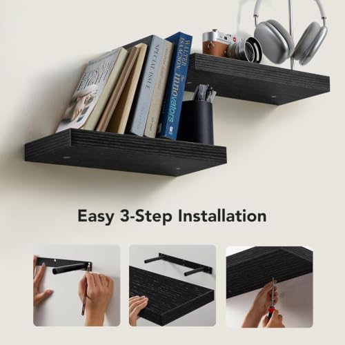 Amada 15 Inch Floating Shelves with Invisible Brackets, Set of 2, Black | Wall Shelves with Hidden Bracket, Solid MDF Wood, 22 lbs Max Load per Shelf, Easy to Assemble, Multi-Wall Compatible - color: Black, size: 15 inches