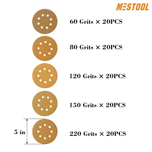 5-Inch 8-Hole Hook and Loop Sanding Discs, Orbital Sander Sandpaper Discs, 100 Pieces Round Sandpaper Set Include 60 80 120 150 and 220 Grits - size: 5 Mixed Grit