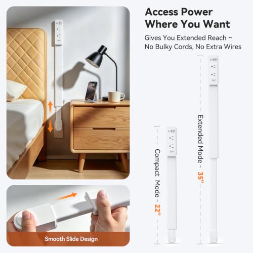 Outlet Extender Stick, 360° Rotating Wall Outlet Expander with 22-35" Extendable Base, 10-in-1 Power Strip Stick with 6 AC Outlets, 4 USB Ports (2 USB-C), Flat Plug for Behind Couch, Home, Office