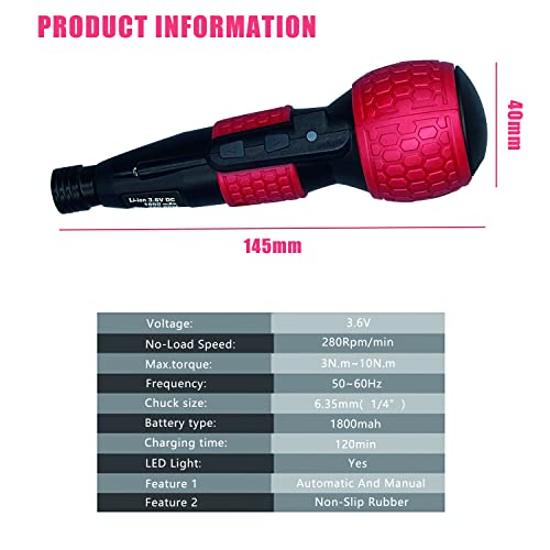 3.6V Cordless Electric Screwdriver USB-C Rechargeable LED Kit RED - color: Red