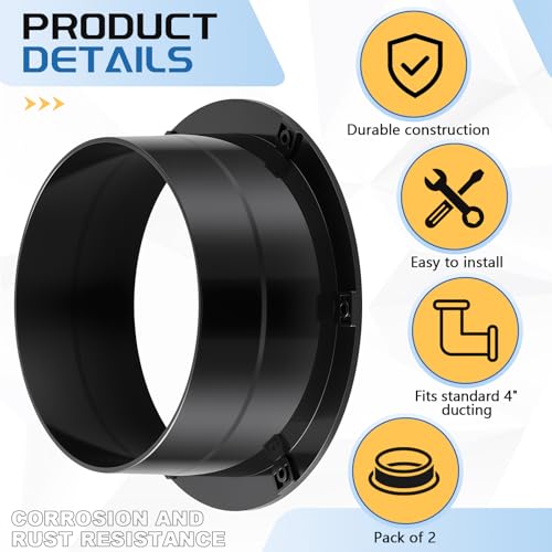 2 Pcs Duct Connector Flange 4 Inch Plastic Straight Pipe Flange Black Duct Reducer Dryer Vent Connector for Heating Cooling Grow Tent Bathroom Kitchen Ventilation System - size: 4 Inch