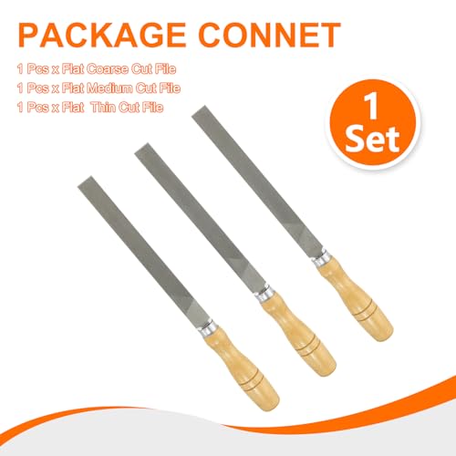 HARFINGTON 3pcs Flat Cut File 8" Double Cut Teeth High Carbon Steel Hand Rasp File with Wood Handle for Metal Wood Deburring Removing - size: 8"