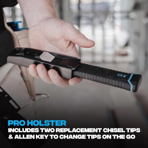 OX Pro 1" Replaceable Tip Wood Chisel with Sheath - Full Tang, Extra Tips | Holster Mounts to Tool Belt & Molle Systems, Reinforced Striking Cap Resists Bending, Slim Ergonomic Grip, Precise Control