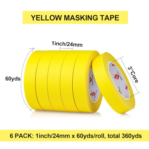 BOMEI PACK Yellow Painters Tape 1 Inch Bulk - Paint Tape 6 Rolls x 1 Inch x 60 Yards - Painter's Tape Yellow Masking Tape for Walls Painting, DIY Crafting, and School Projects, Total 360 Yards - color: Yellow, size: 1 Inches X 60 Yards