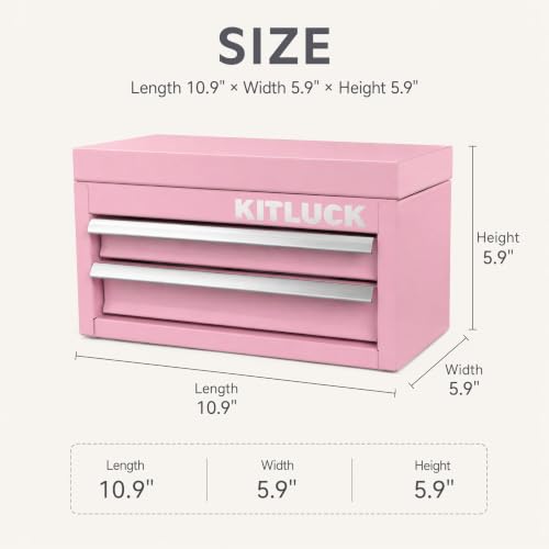 KITLUCK Mini Metal Tool Box, 2-Drawer Top Chest with Ball Bearing Slides, PVC Liners, Durable Cold Rolled Steel Small Tool Organizer for DIY Home Office Multi-Purpose Storage,Pink - color: PINK