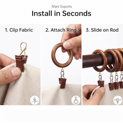50 Pieces Natural Rosewood Wooden Curtain Rod Rings with Clips | 2 Inch Outer Diameter, 1.25 Inch Inner Dia | Fits 1 Inch Rod | Drapery Curtain Rings - size: 1.25 INCH Inner Dia