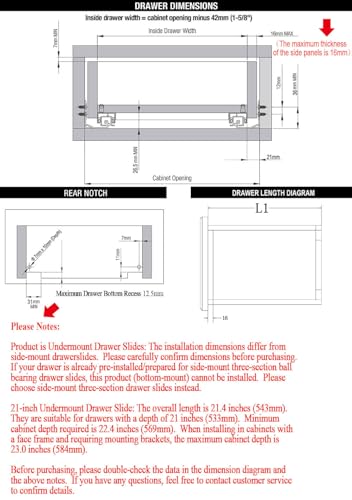 Undermount Drawer Slides 21 inch (1 Pair), Full Extension Soft Close Concealed Drawer Runners, Come with Mounting Screws and Brackets, 1 Pair - size: 21 Inch