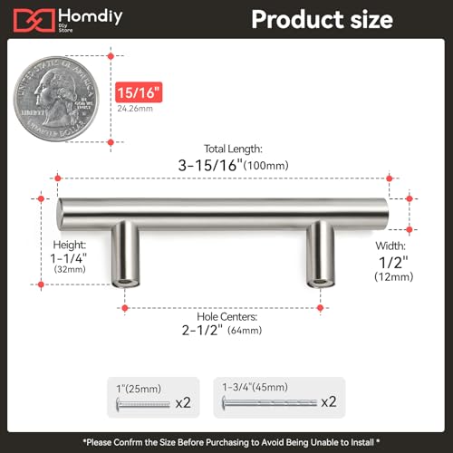 homdiy 15 Pack |Cabinet Handles Brushed Nickel Cabinet Pulls Cabinet Hardware 2-1/2in Hole Centers Drawer Pulls Kitchen Cupboard Euro T Bar Dresser Pulls 201SN - color: Brushed Nickel, size: 2-1/2in hole centers