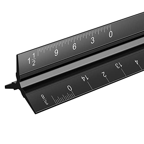 Architectural Scale Ruler, 12 Inch Aluminium Architect Scale Ruler, Imperial Metal Engineers Triangular Ruler for Architects, Students and Draftsmen, Laser Etched Markings - color: Black